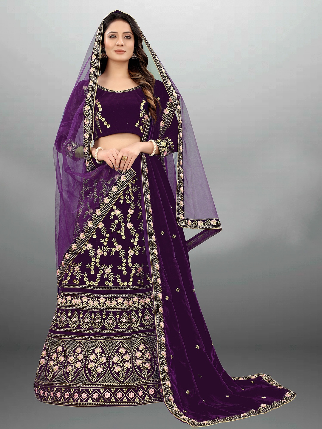 

Xenilla Women Purple & Green Embroidered Semi-Stitched Lehenga & Blouse With Dupatta