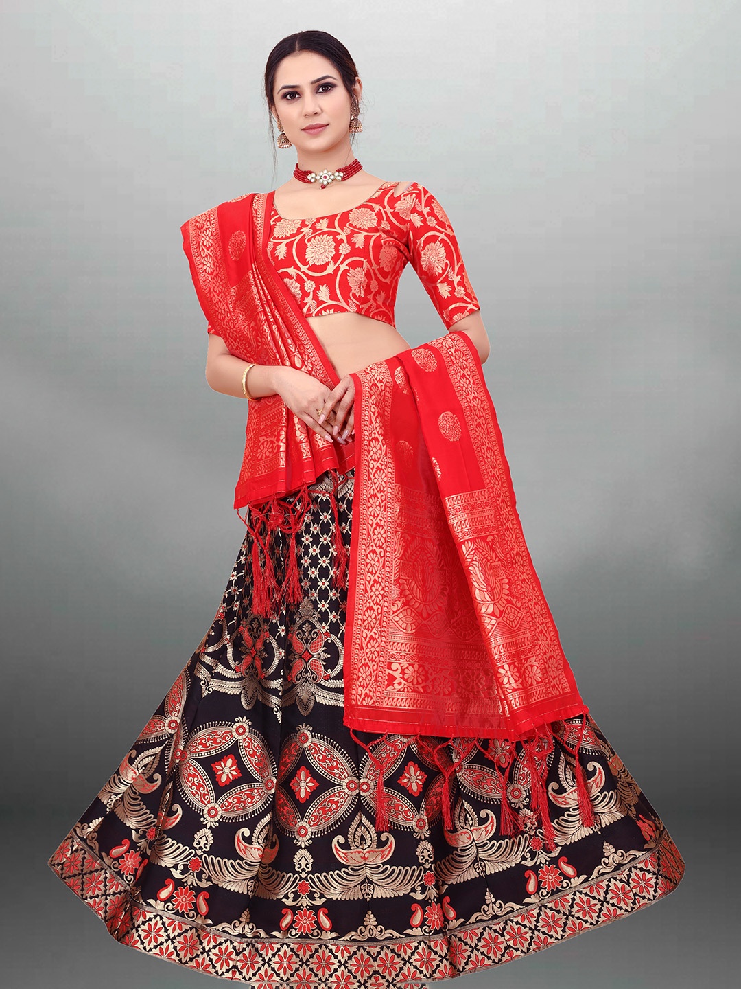 

Xenilla Black & Red Embroidered Semi-Stitched Lehenga & Blouse With Dupatta