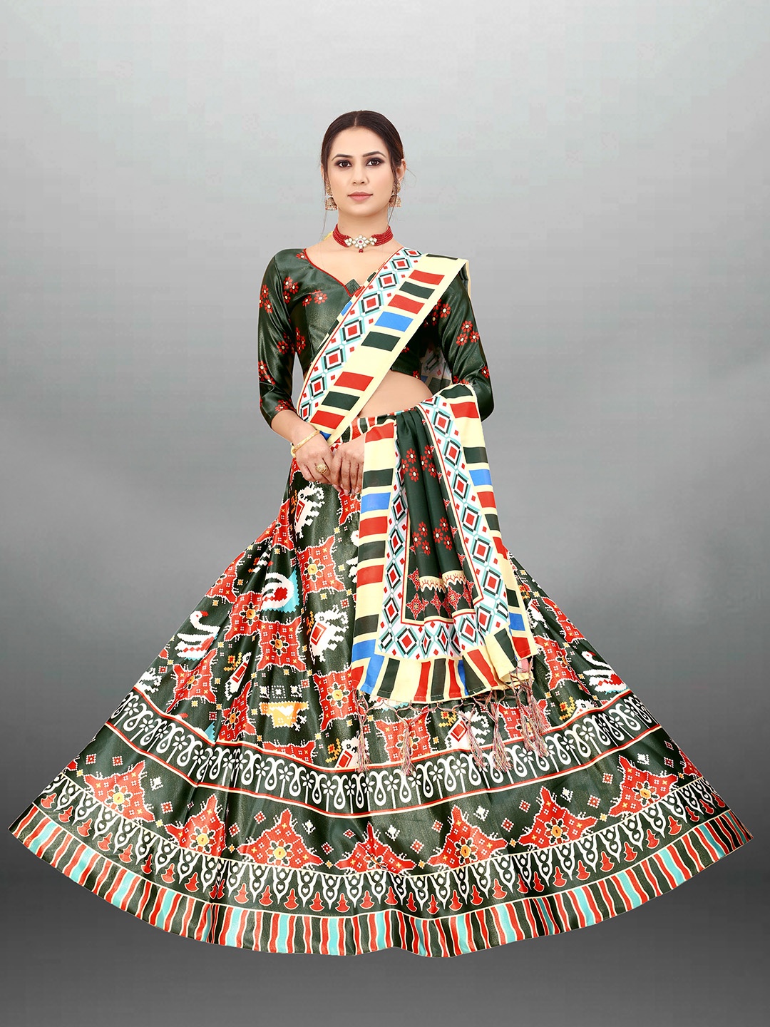 

Xenilla Green & White Embroidered Semi-Stitched Lehenga & Blouse With Dupatta