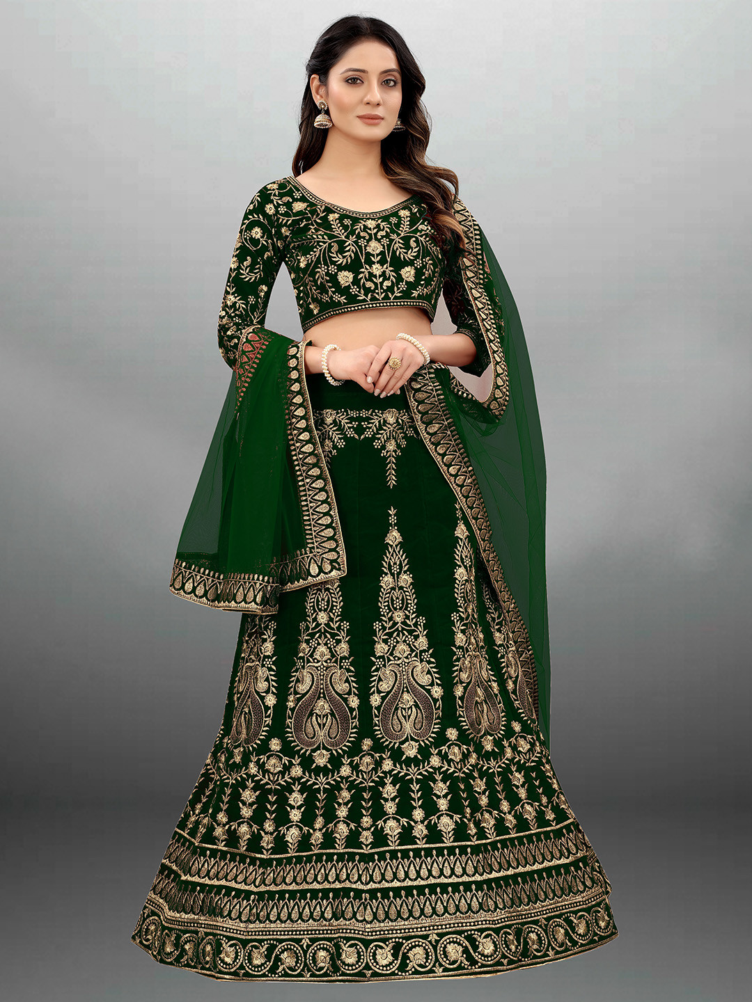 

Xenilla Green & Black Embroidered Semi-Stitched Lehenga & Blouse With Dupatta