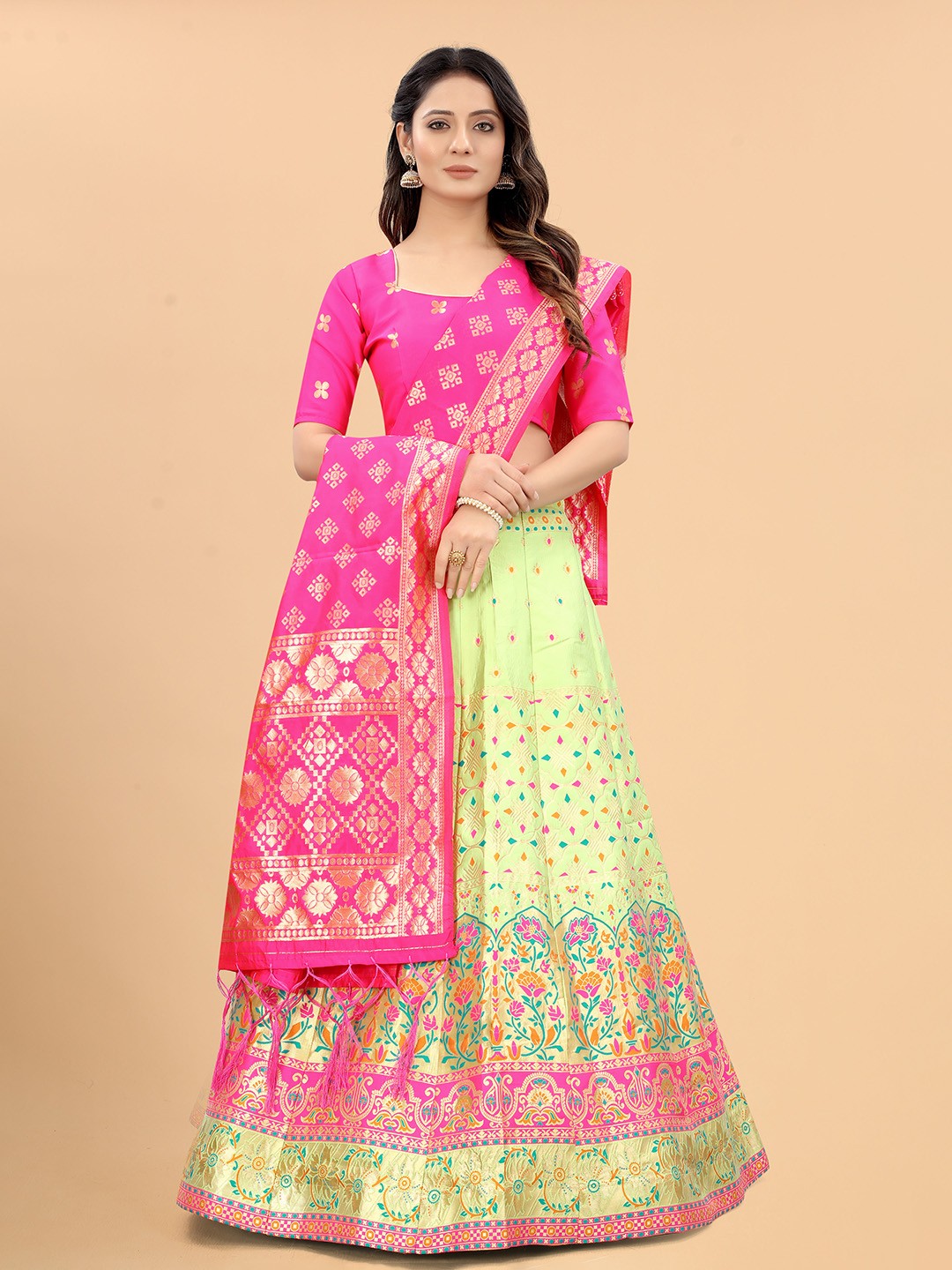 

Xenilla Women Green & Pink Printed Semi-Stitched Lehenga & Blouse With Dupatta