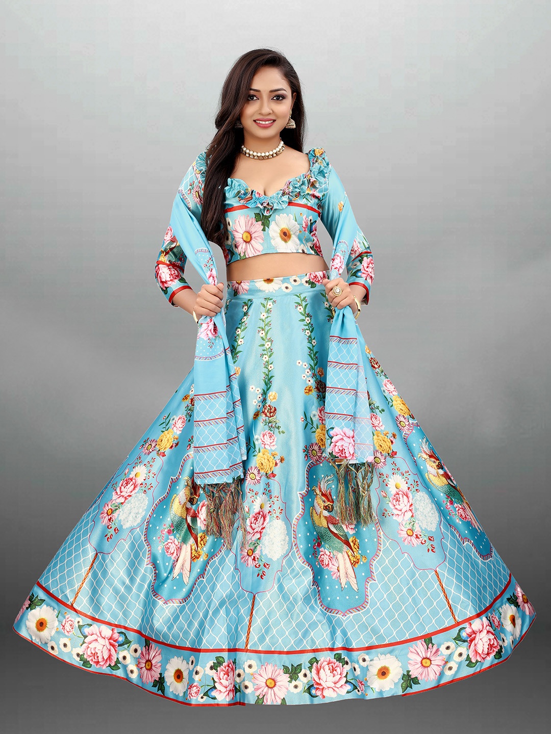 

Xenilla Blue & White Embroidered Semi-Stitched Lehenga & Blouse With Dupatta