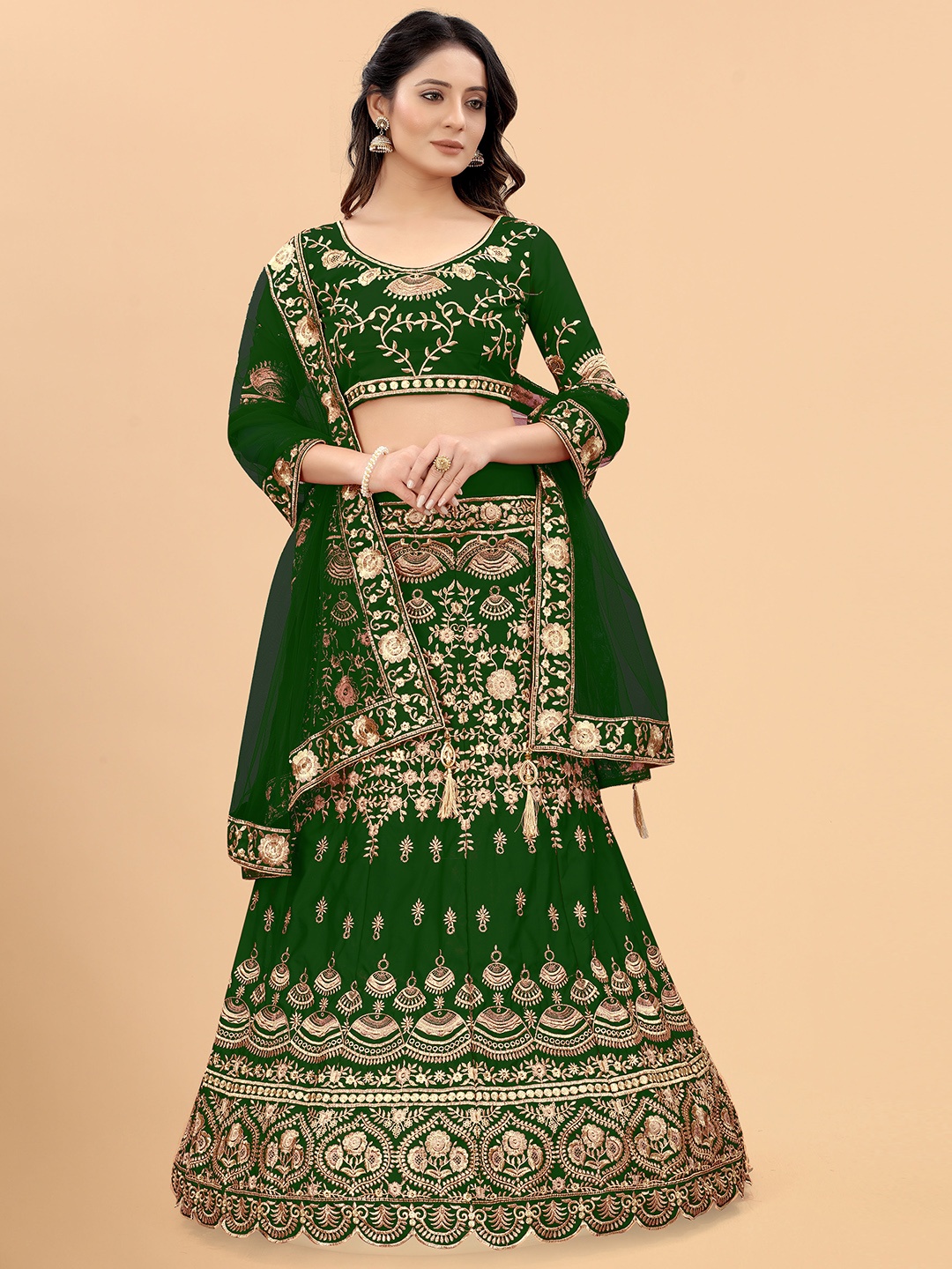 

Xenilla Green & Gold-Toned Embroidered Semi-Stitched Lehenga & Blouse With Dupatta