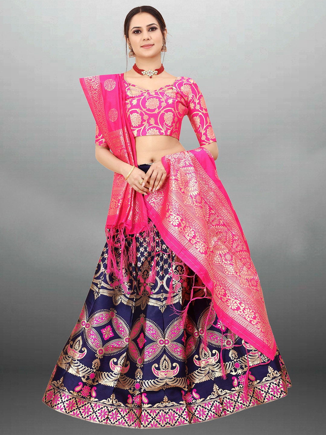 

Xenilla Blue & Pink Embroidered Semi-Stitched Lehenga & Blouse With Dupatta