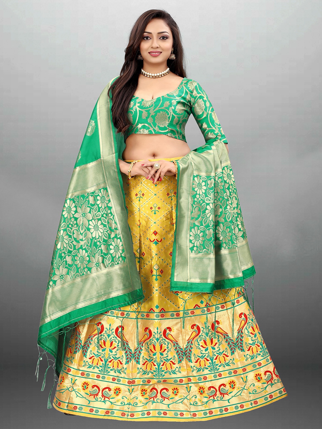 

Xenilla Yellow & Red Embroidered Semi-Stitched Lehenga & Blouse With Dupatta