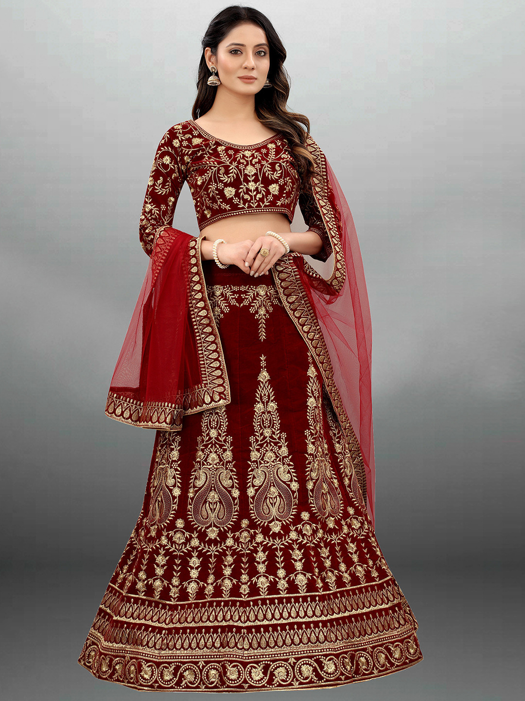 

Xenilla Maroon & Gold-Toned Embroidered Semi-Stitched Lehenga & Blouse With Dupatta
