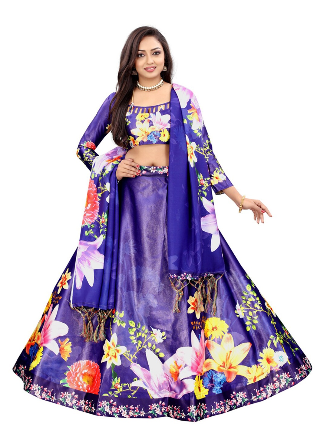 

Xenilla Blue & Red Printed Semi-Stitched Lehenga & Blouse With Dupatta