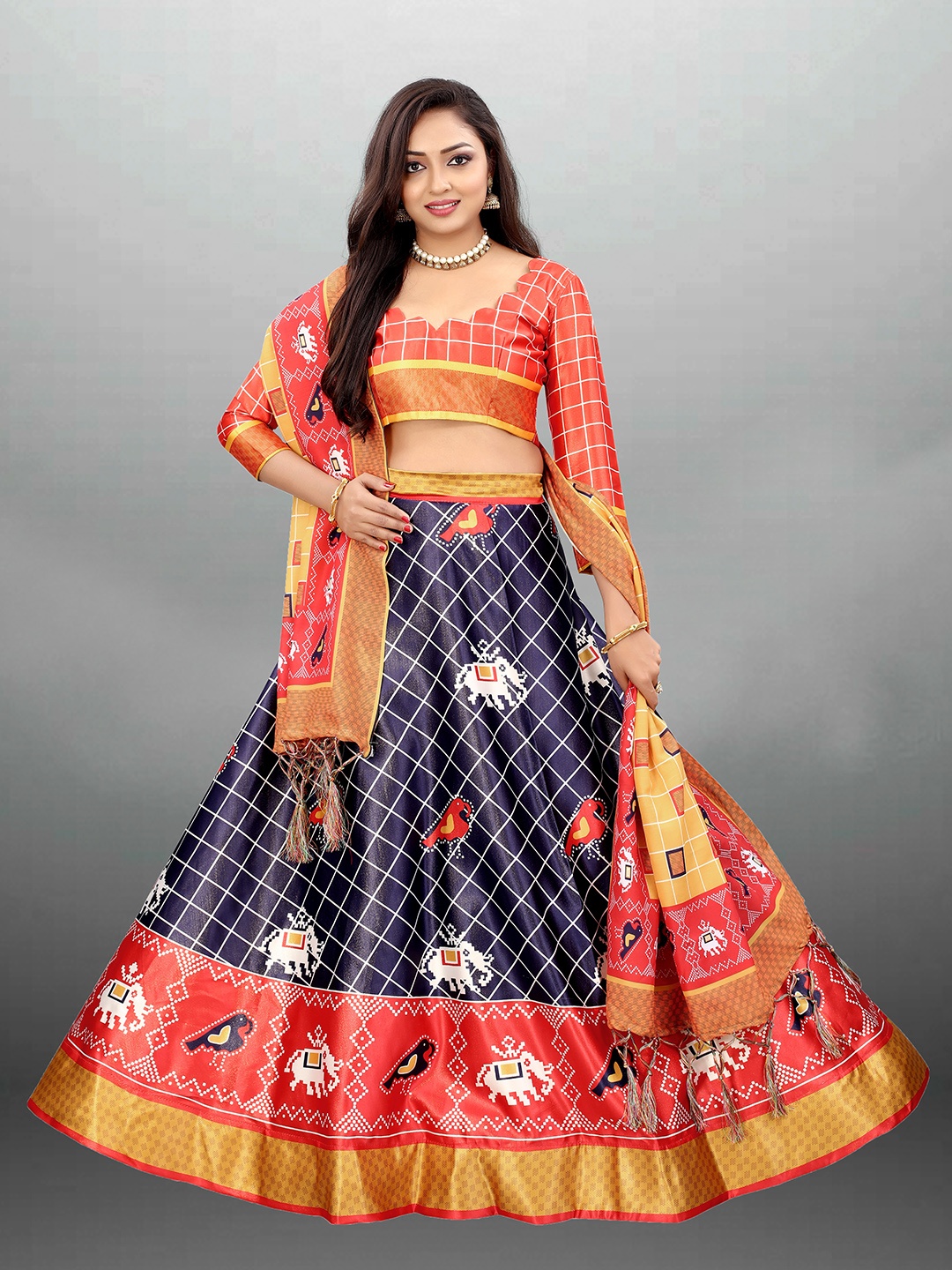 

Xenilla Blue & Red Printed Semi-Stitched Lehenga & Blouse With Dupatta