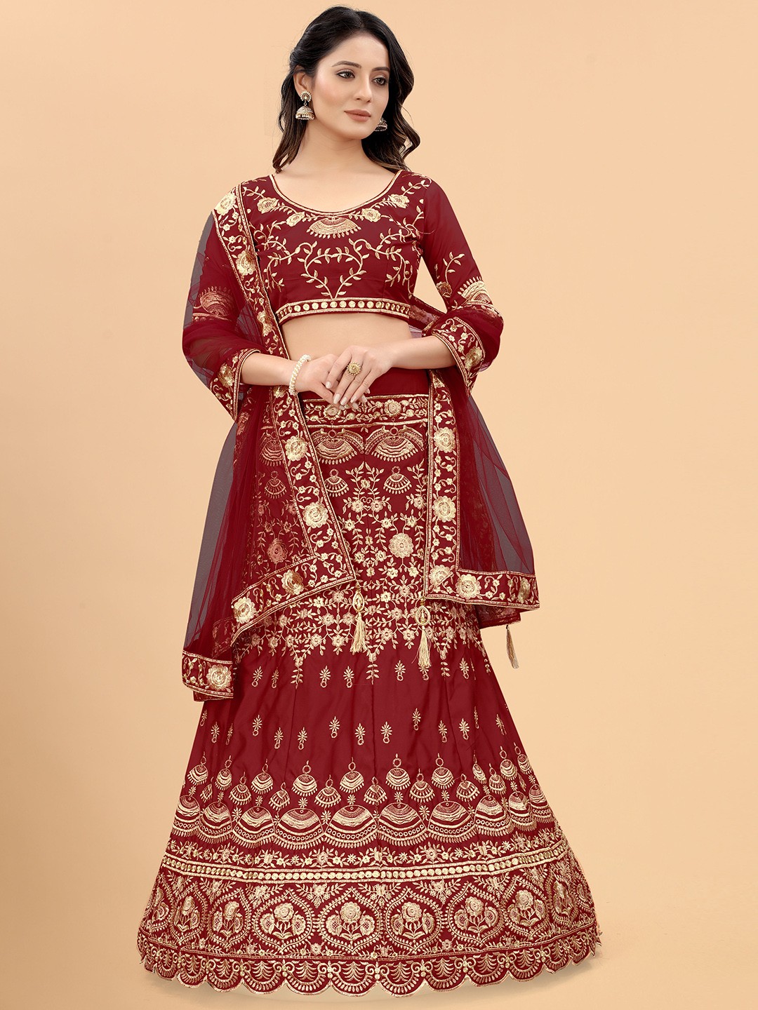 

Xenilla Women Maroon & Gold-Toned Embroidered Semi-Stitched Lehenga & Blouse With Dupatta