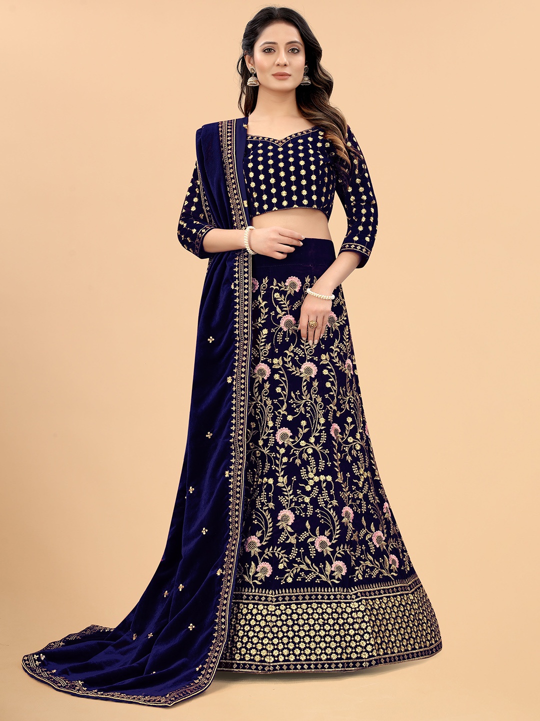 

Xenilla Blue & Gold-Toned Embroidered Semi-Stitched Lehenga & Blouse With Dupatta