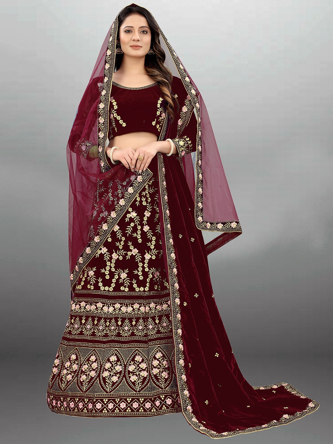 

Xenilla Maroon Embroidered Semi-Stitched Lehenga & Blouse With Dupatta