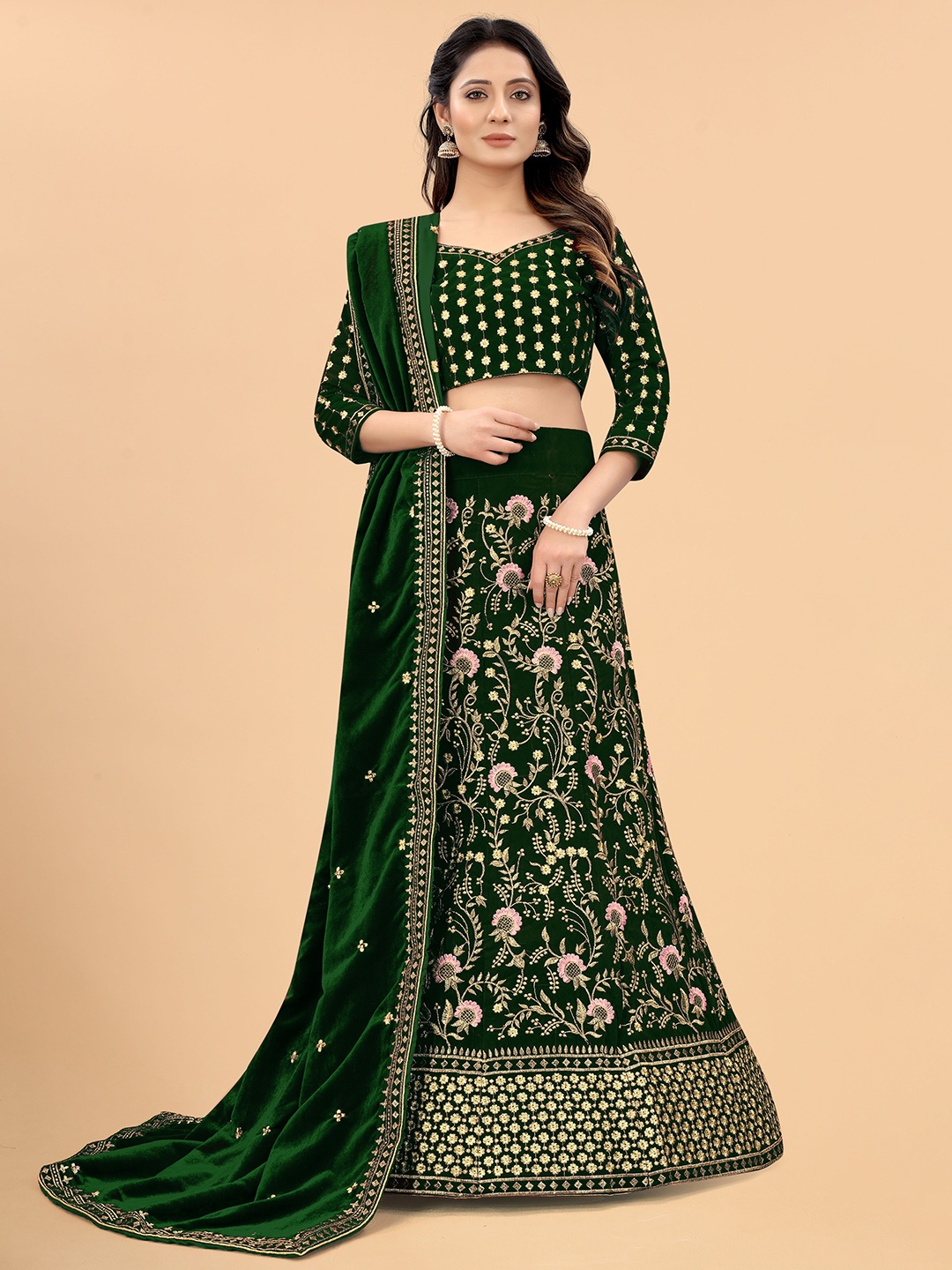 

Xenilla Green & Gold-Toned Embroidered Semi-Stitched Lehenga & Blouse With Dupatta