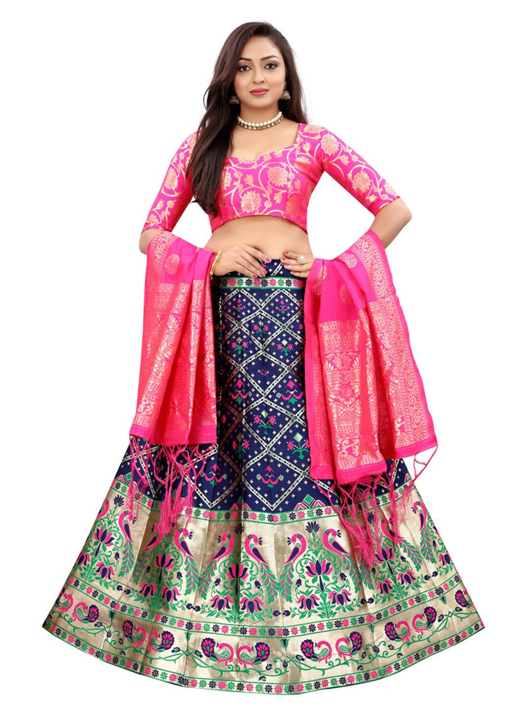 

Xenilla Women Blue & Green Embroidered Semi-Stitched Lehenga & Blouse With Dupatta