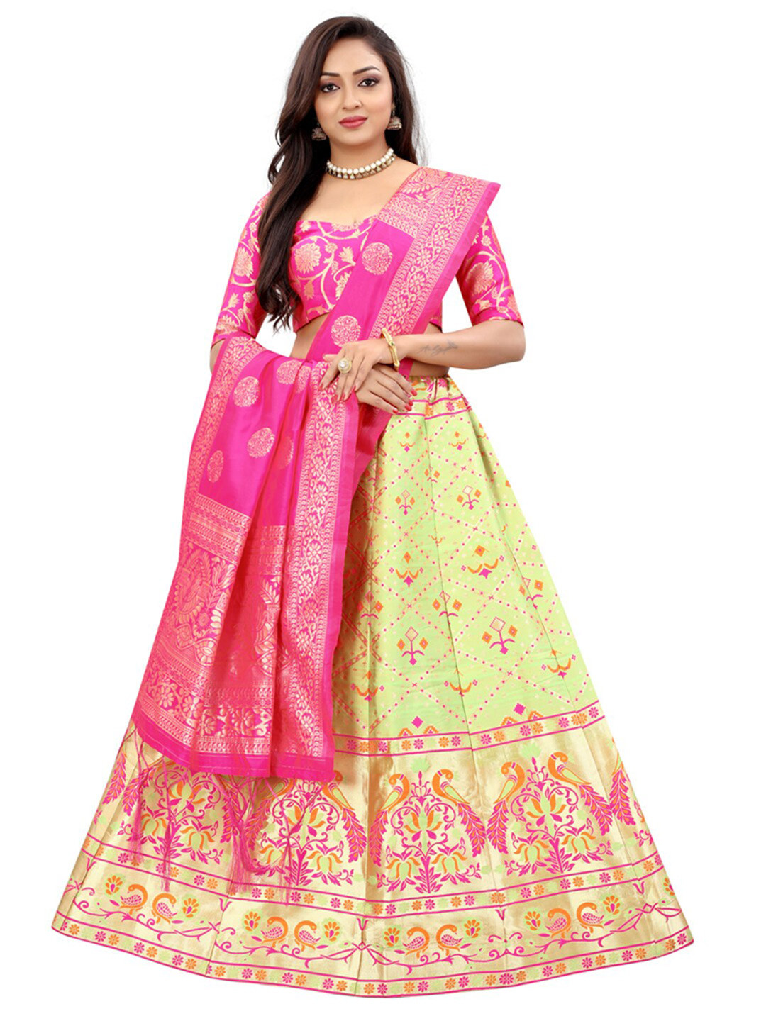 

Xenilla Green & Pink Embroidered Semi-Stitched Lehenga & Blouse With Dupatta