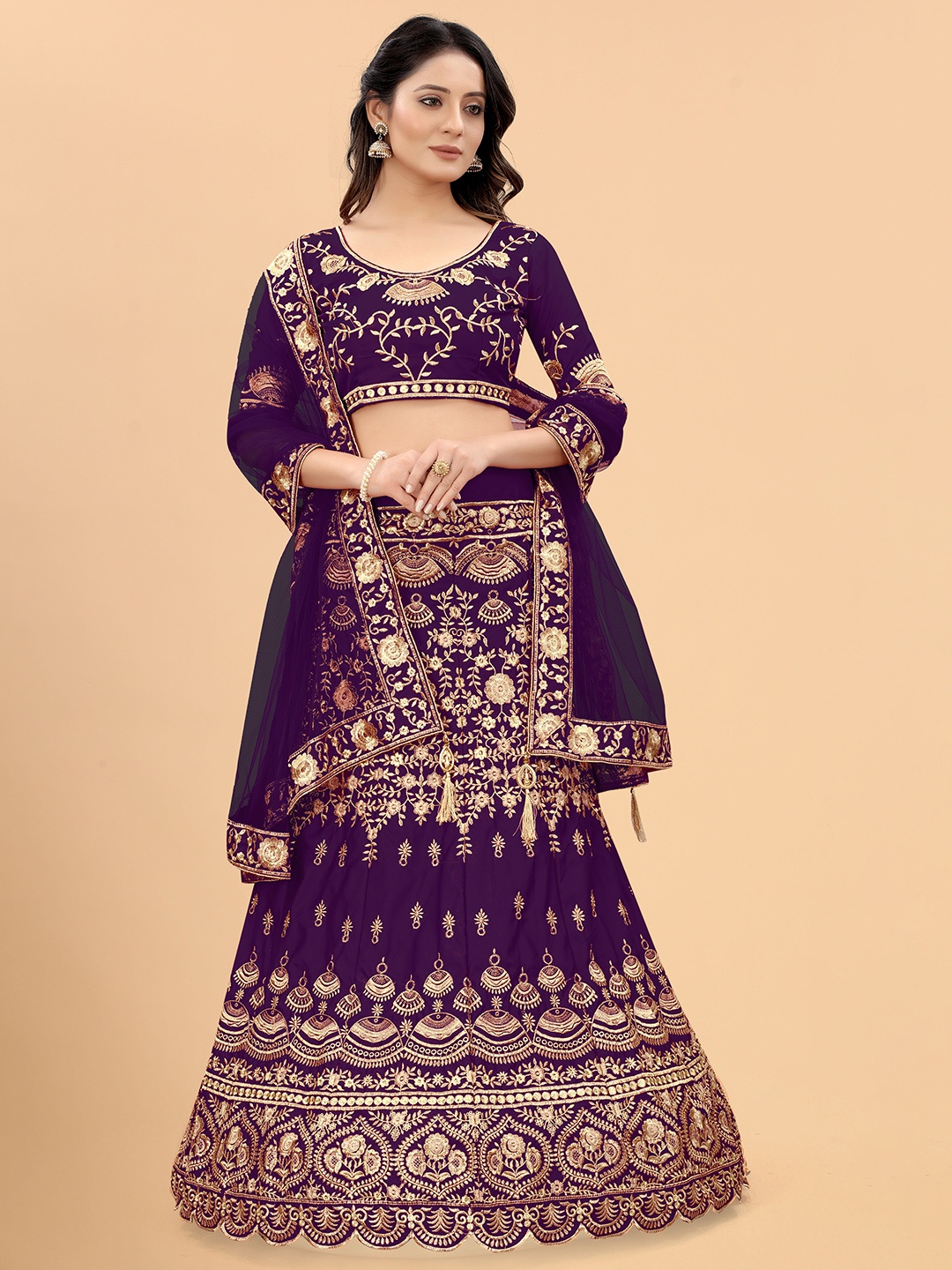 

Xenilla Purple & Gold-Toned Embroidered Semi-Stitched Lehenga & Blouse With Dupatta