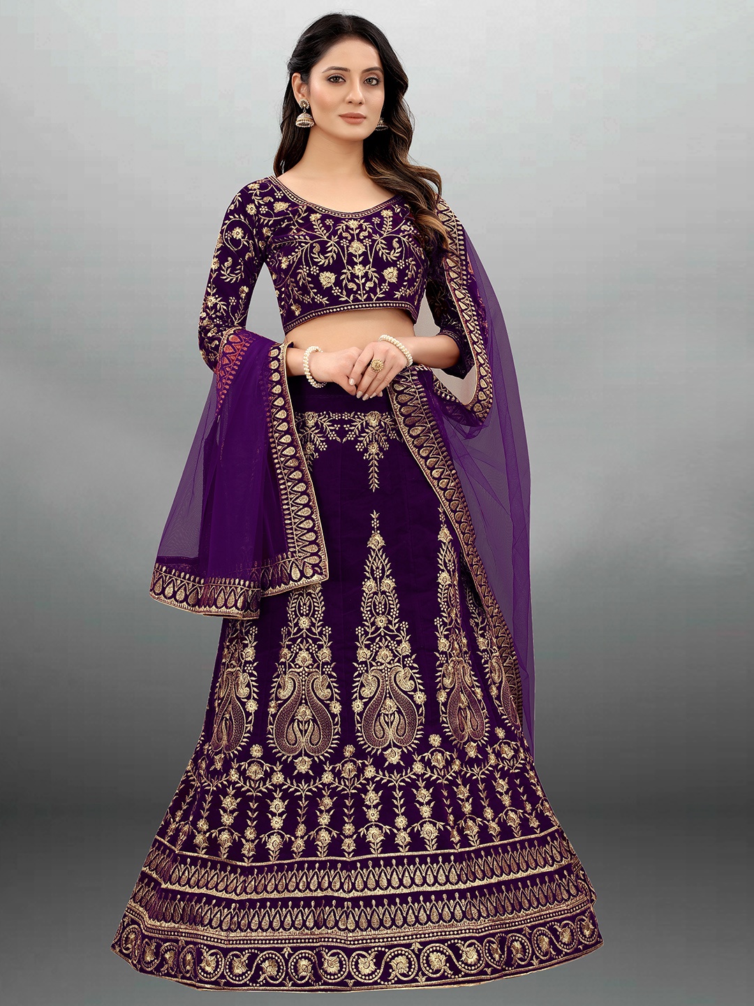 

Xenilla Purple & Gold-Toned Embroidered Semi-Stitched Lehenga & Blouse With Dupatta