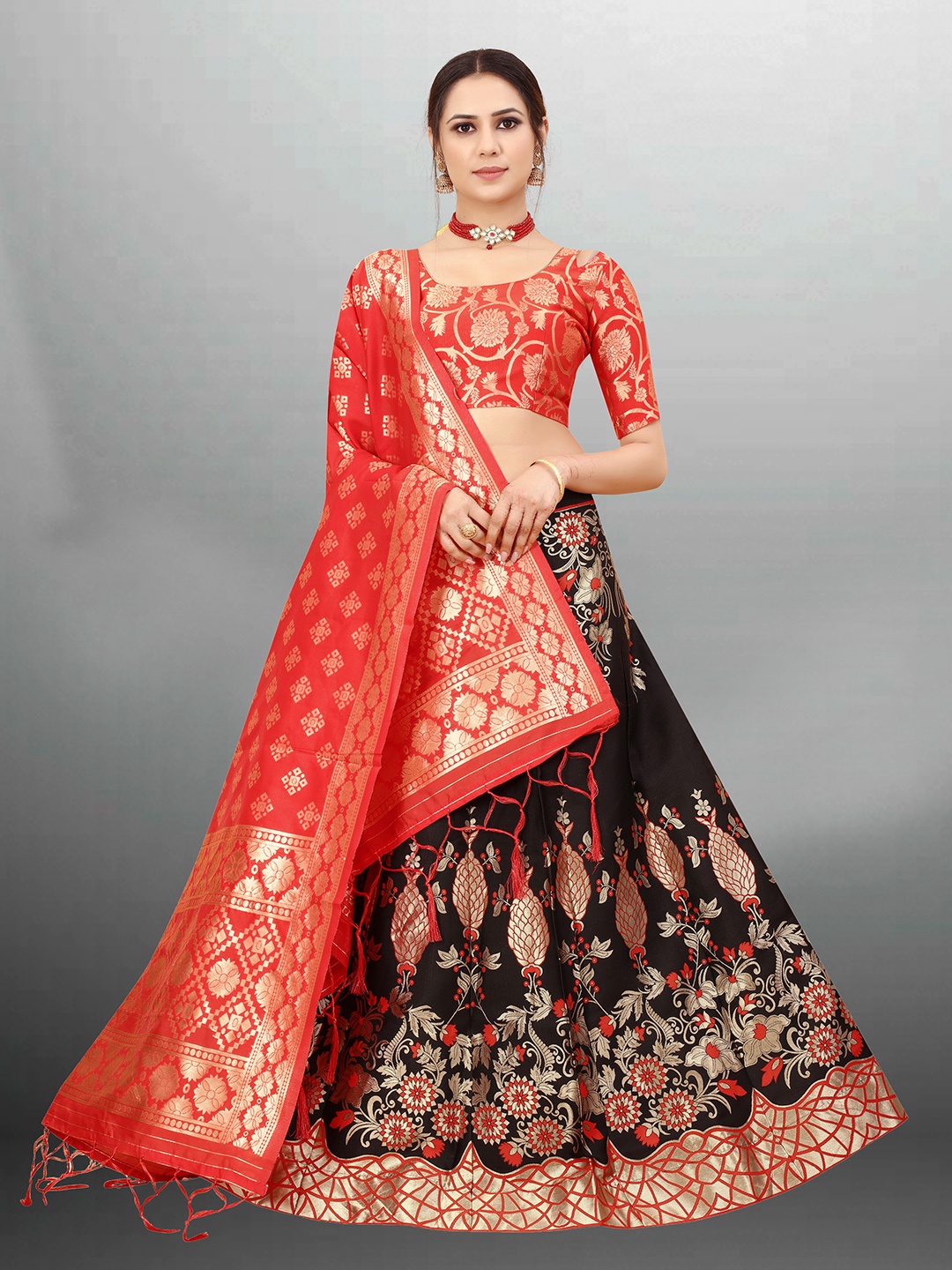 

Xenilla Black & Red Embroidered Semi-Stitched Lehenga & Blouse With Dupatta