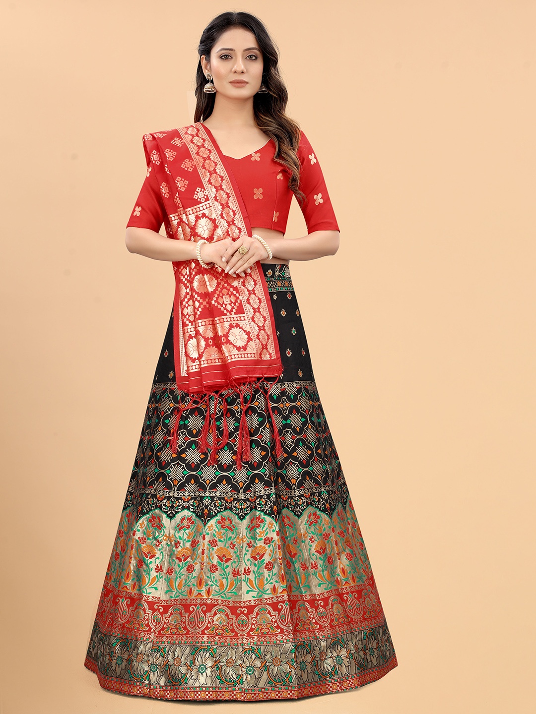 

Xenilla Black & Red Embroidered Semi-Stitched Lehenga & Blouse With Dupatta