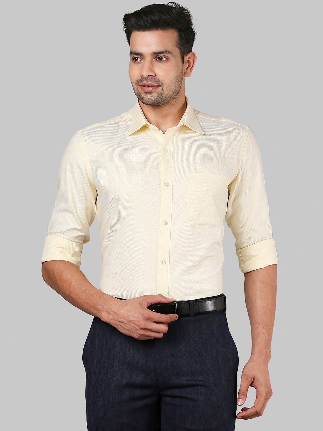 

Raymond Men Yellow Textured Cotton Formal Shirt