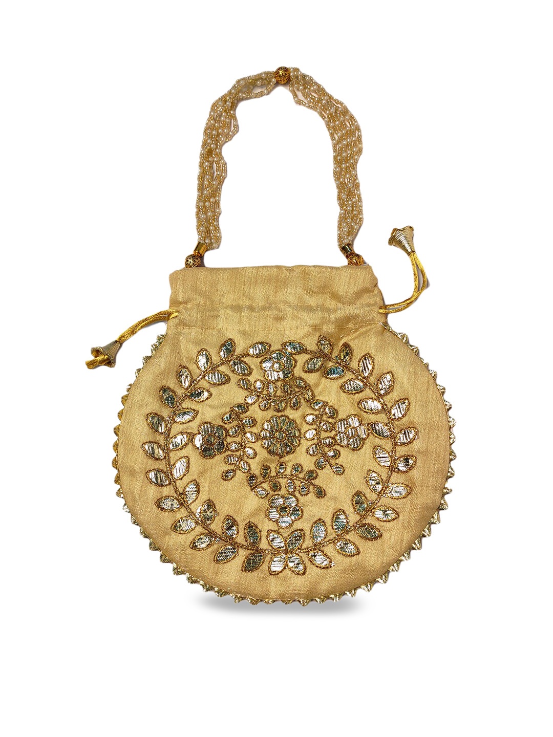 

CRAYTON Women Beige Round Potli with Golden Leaves Embroidery