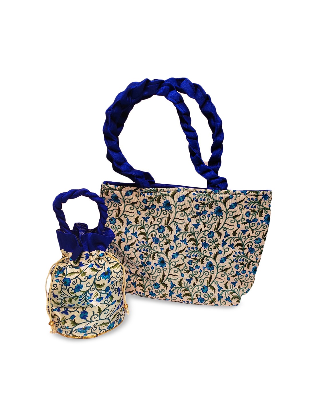 

CRAYTON Women Set of 2 Blue Floral Handbag with Potli Bag