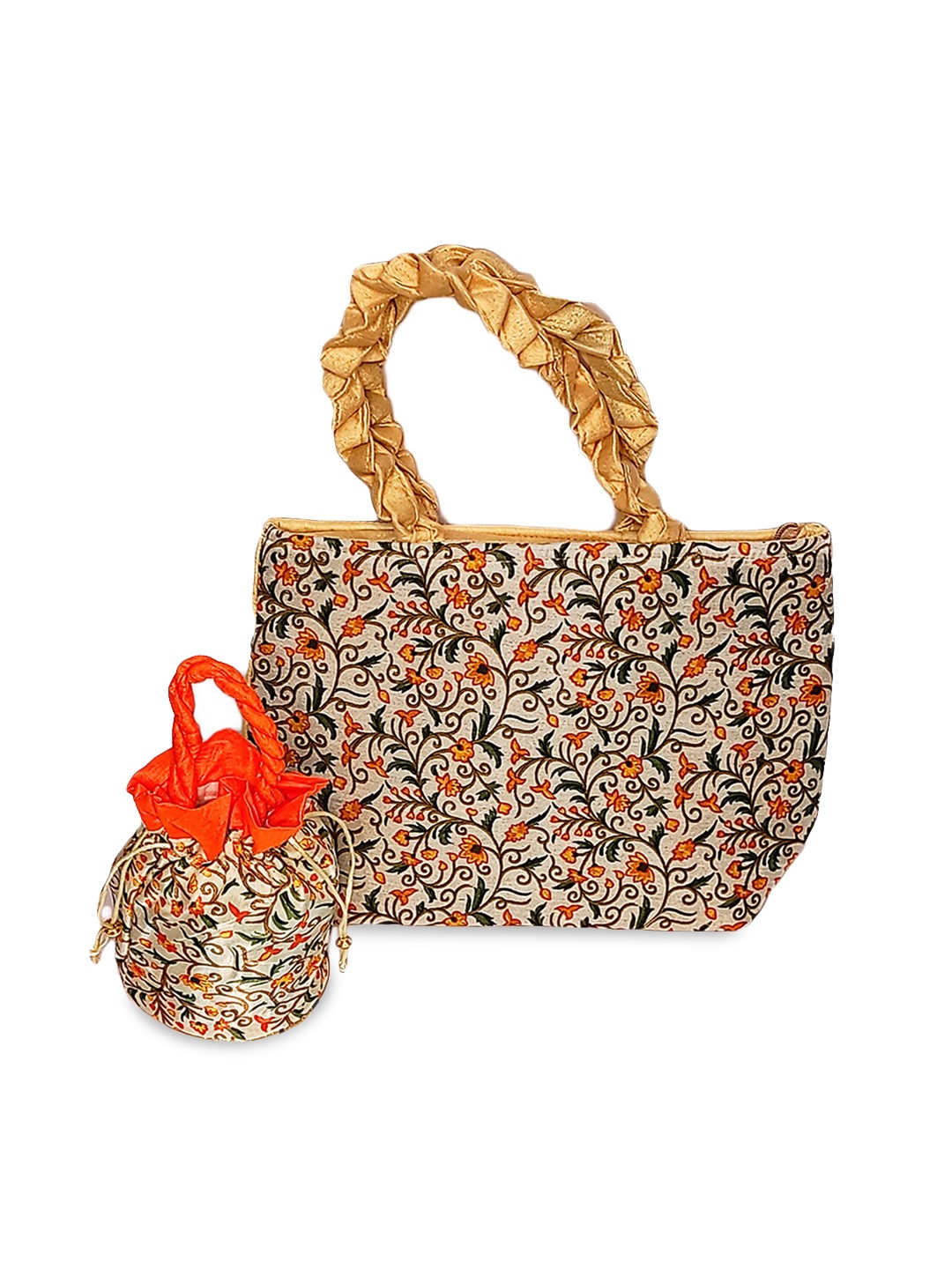 

CRAYTON Women Set of 2 Beige Floral Handbag with Potli bag