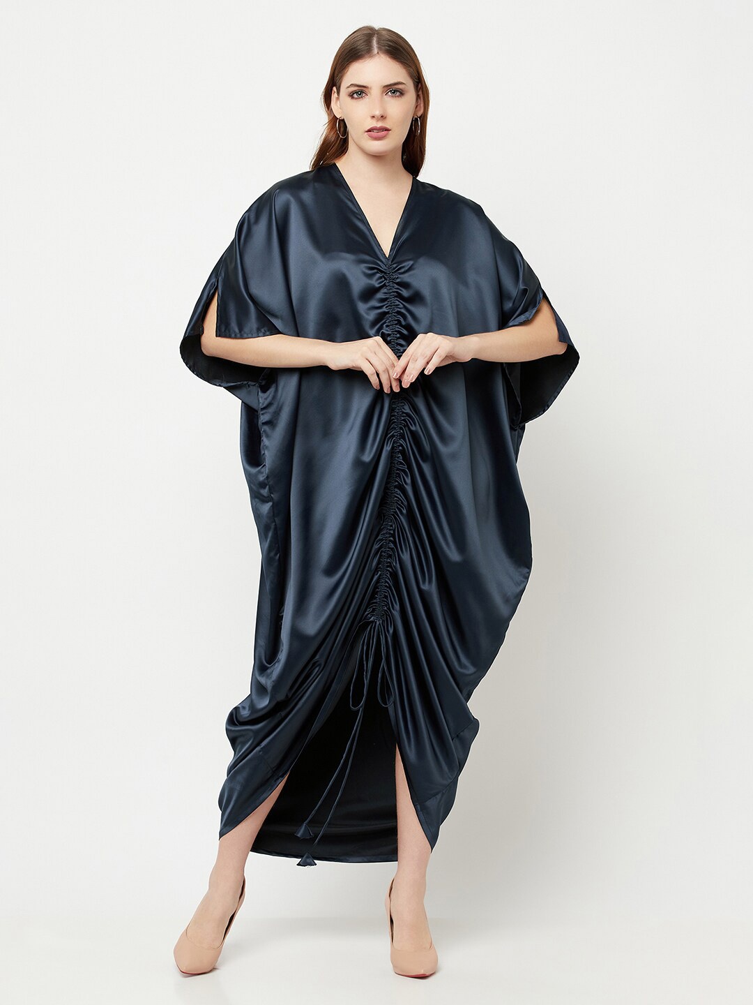 

THE SILHOUETTE STORE Navy Blue Satin Kaftan Midi Dress