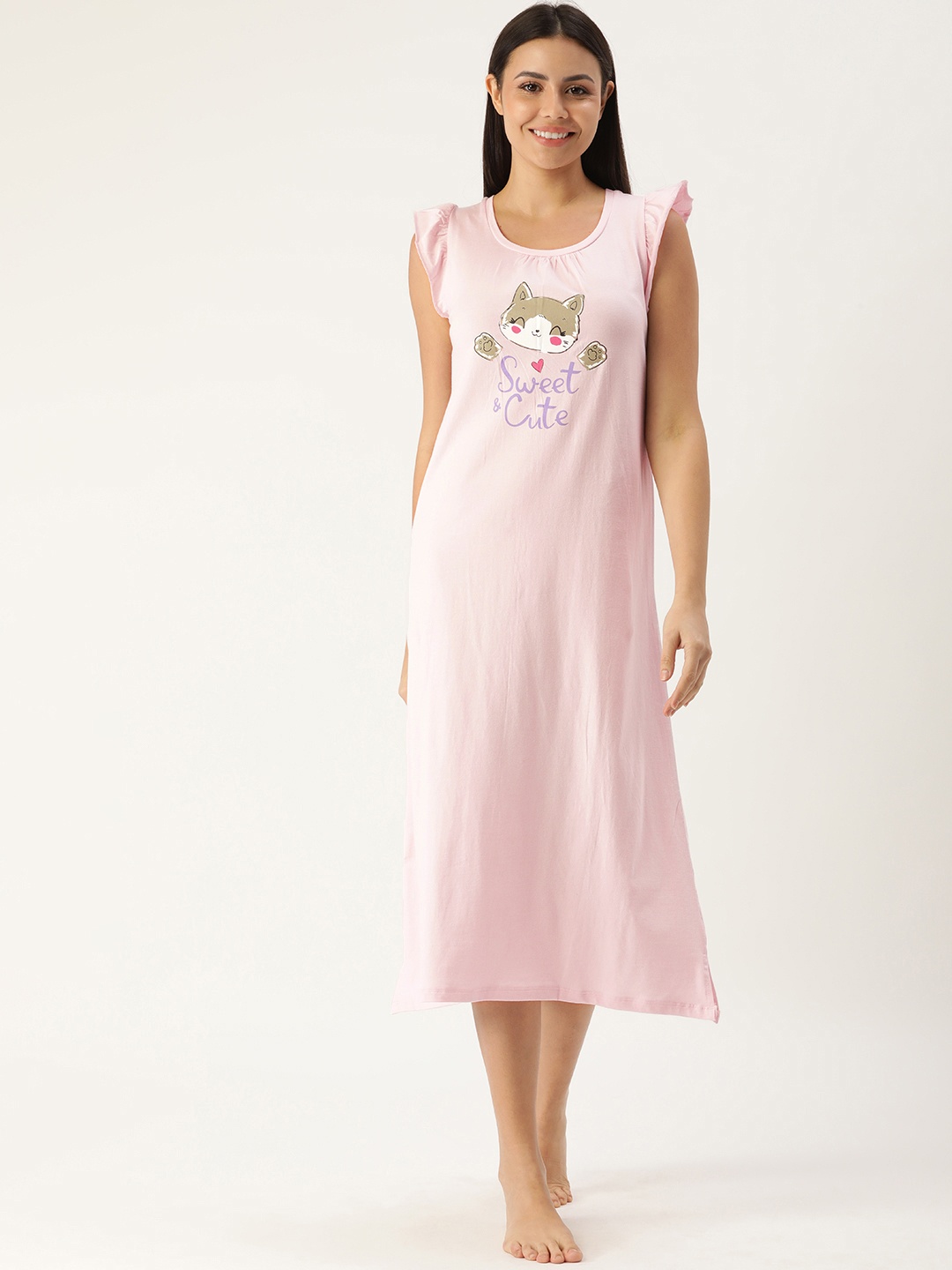 

Slumber Jill Pink Printed Pure Cotton Cap Sleeves Nightdress