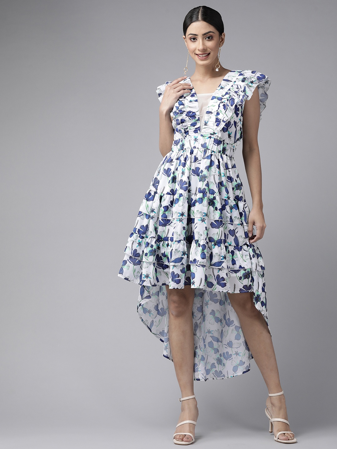 

PANIT White & Navy Blue Floral Printed Ruffled Layered A-Line Midi Dress