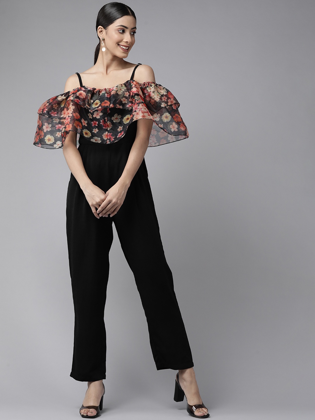 

PANIT Women Black & White Floral Printed Basic Jumpsuit with Ruffles