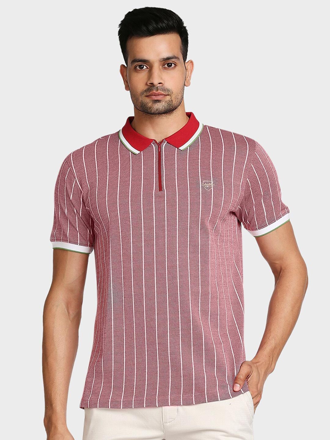 

ColorPlus Men Red Striped Polo Collar T-shirt
