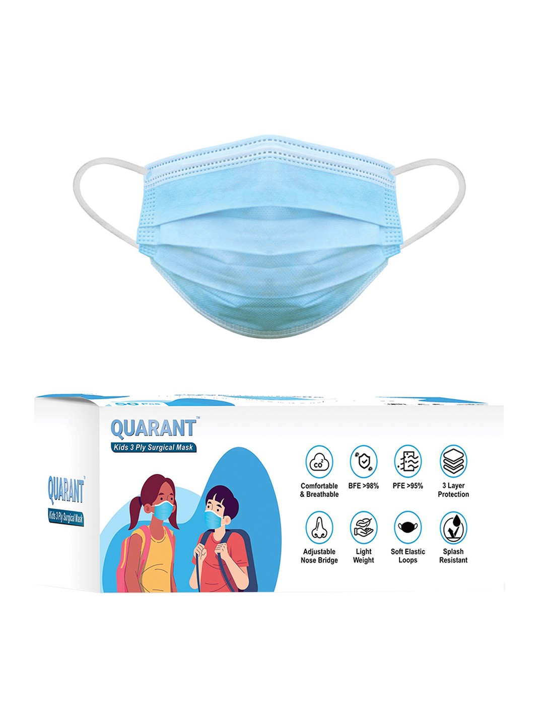 

QUARANT Kids Pack Of 50 Blue Solid 3-Ply Surgical Face Masks