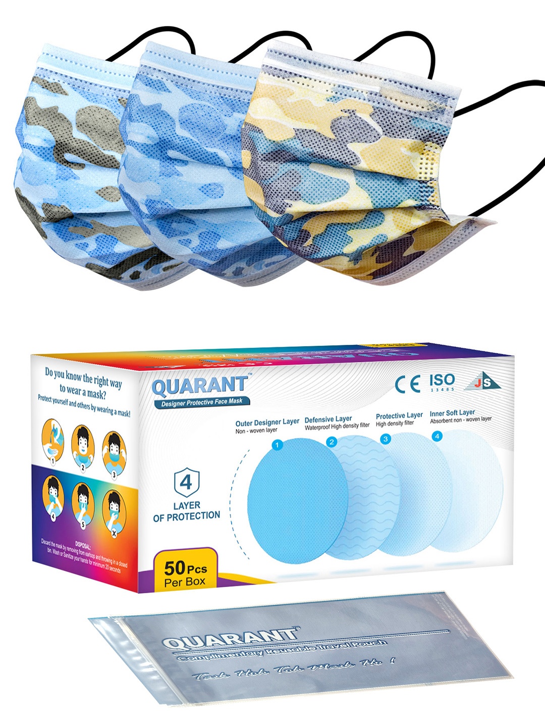 

QUARANT Pack Of 50 Blue & Yellow Camo Printed 4-Ply Designer Surgical Face Masks