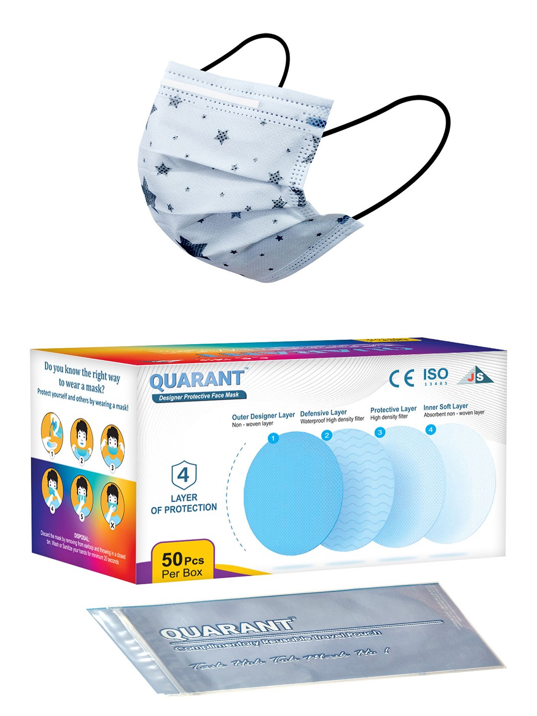 

QUARANT Pack Of 50 White Star Printed 4 Ply Designer Surgical Face Masks