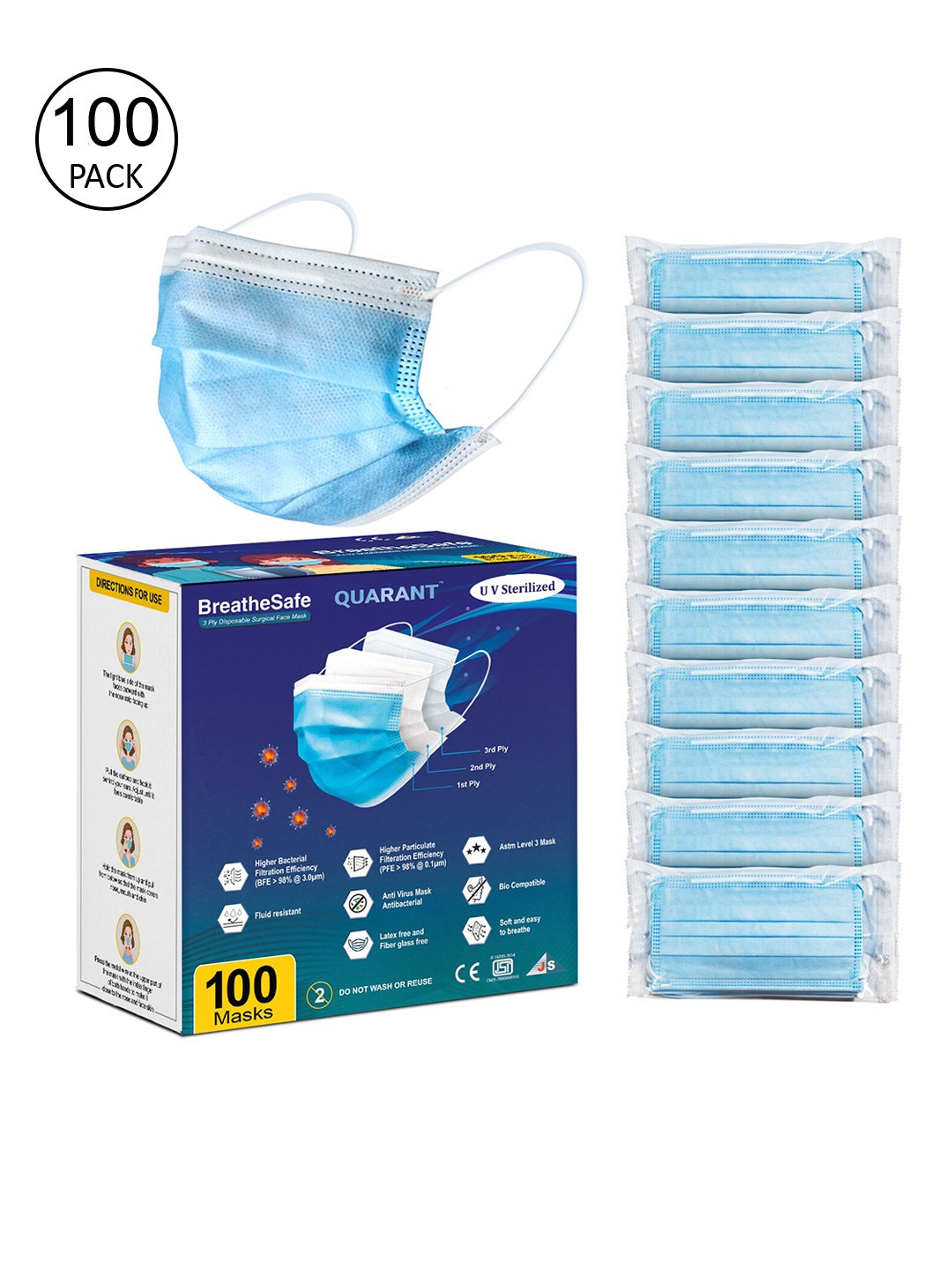 

QUARANT Pack Of 100 Blue Solid 3-Ply Disposable Surgical Face Masks