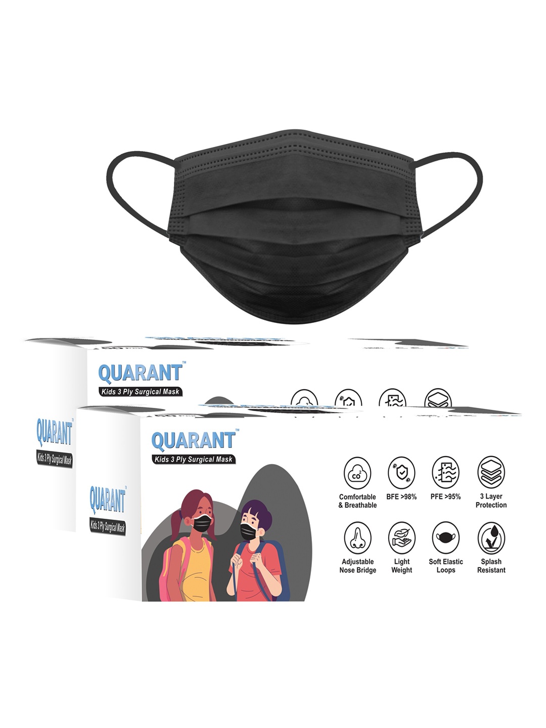 

QUARANT Kids Pack Of 100 Black Solid 3-Ply Surgical Face Masks