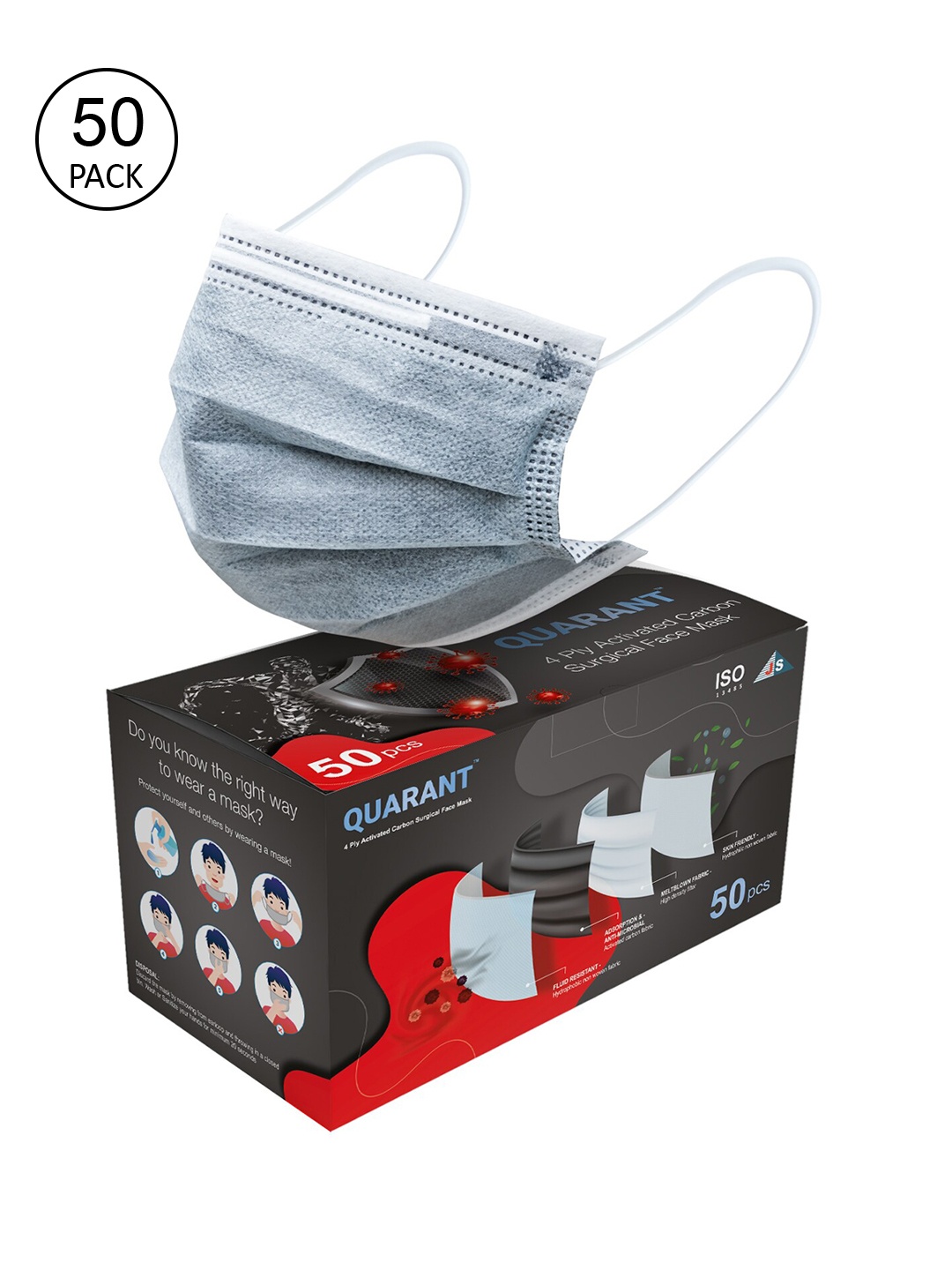 

QUARANT Pack of 50 Grey Solid 4-Ply Activated Carbon Surgical Face Masks