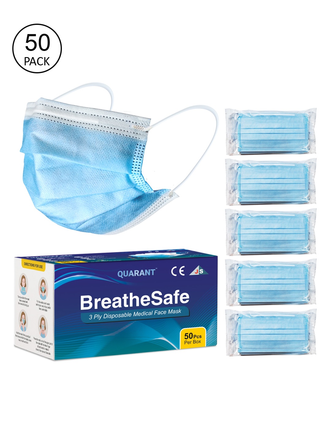 

QUARANT Pack Of 50 Blue Solid 3-Ply Disposable Surgical Face Masks