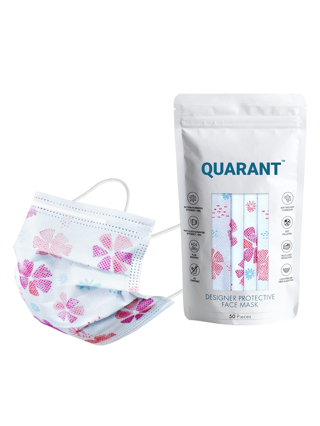 

QUARANT Pack Of 50 White Flower Printed 4-Ply Designer Surgical Face Masks