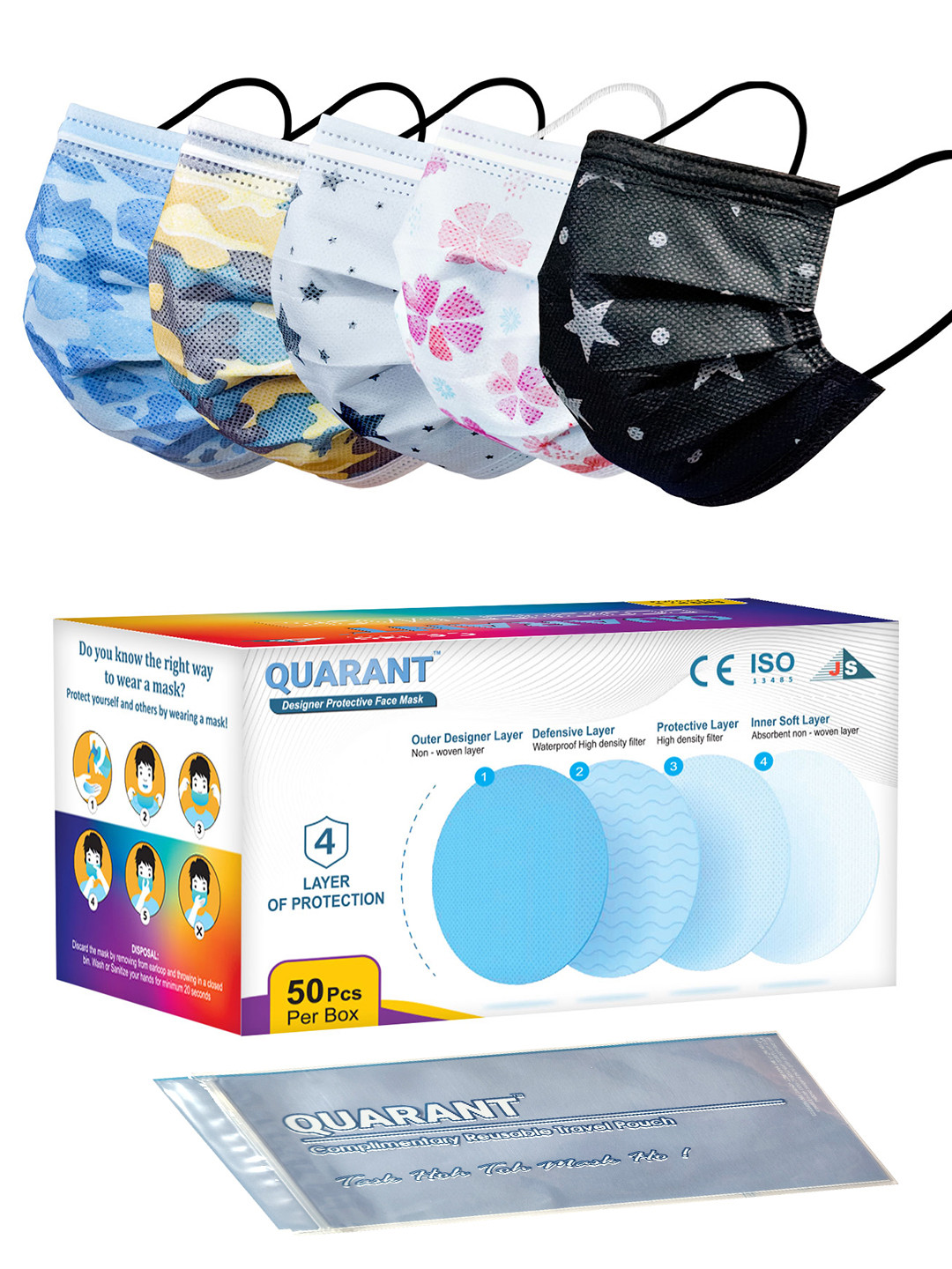 

QUARANT Pack Of 50 Multicolor Printed 4-Ply Designer Surgical Face Masks, White