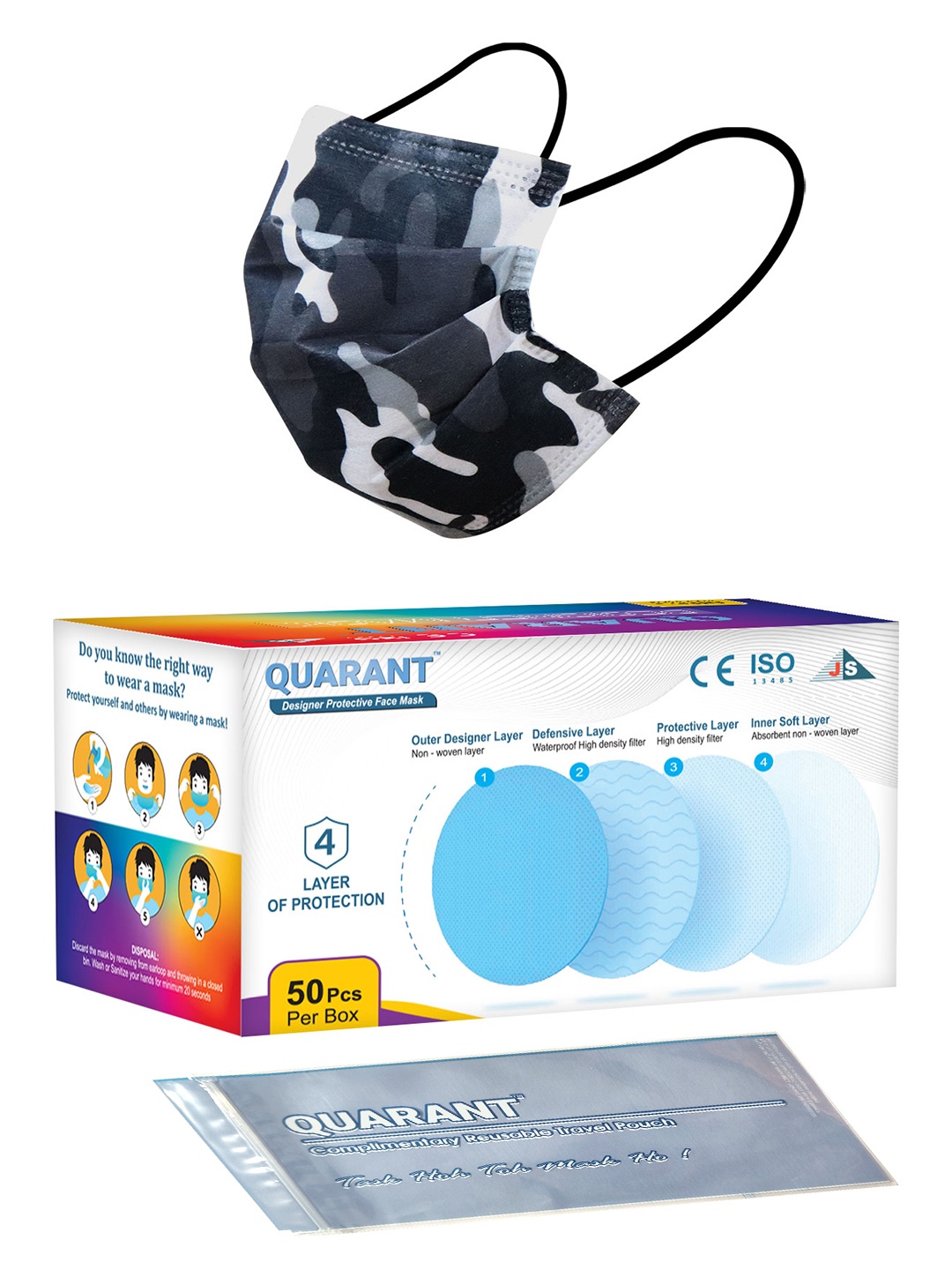 

QUARANT Pack Of 50 Camo Black Printed 4-Ply Designer Surgical Face Masks