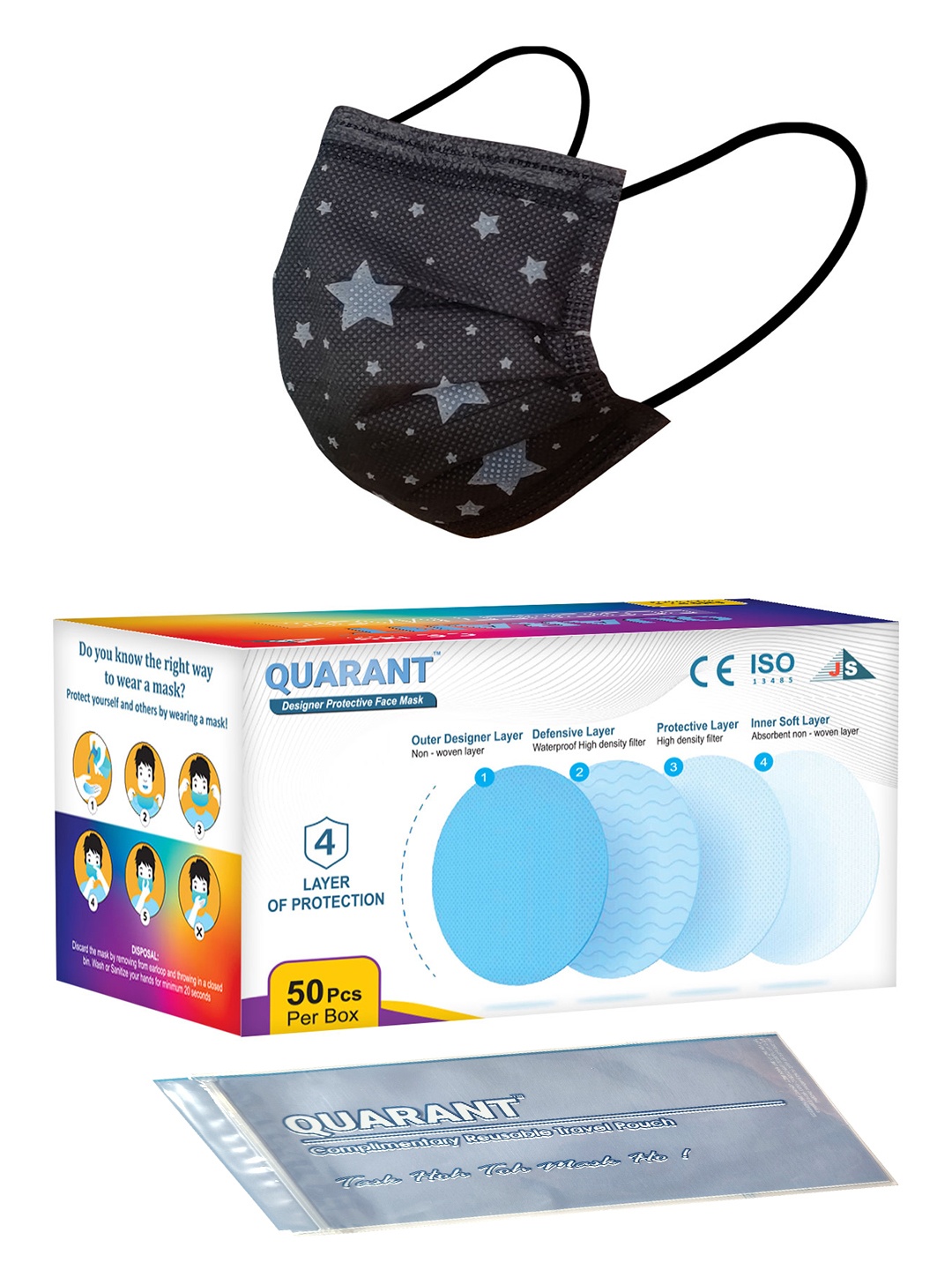 

QUARANT Pack Of 50 Black Star Printed 4 Ply Designer Surgical Face Masks