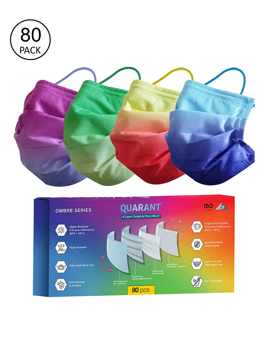 

QUARANT Pack Of 80 Multicoloured Ombre Printed 4-Ply Designer Surgical Face Masks, Multi