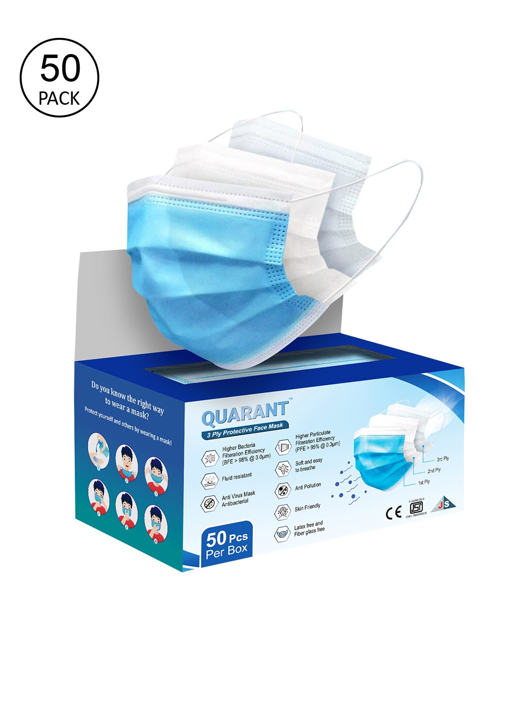 

QUARANT Pack Of 50 Blue Solid 3 Ply Protective Surgical Face Masks