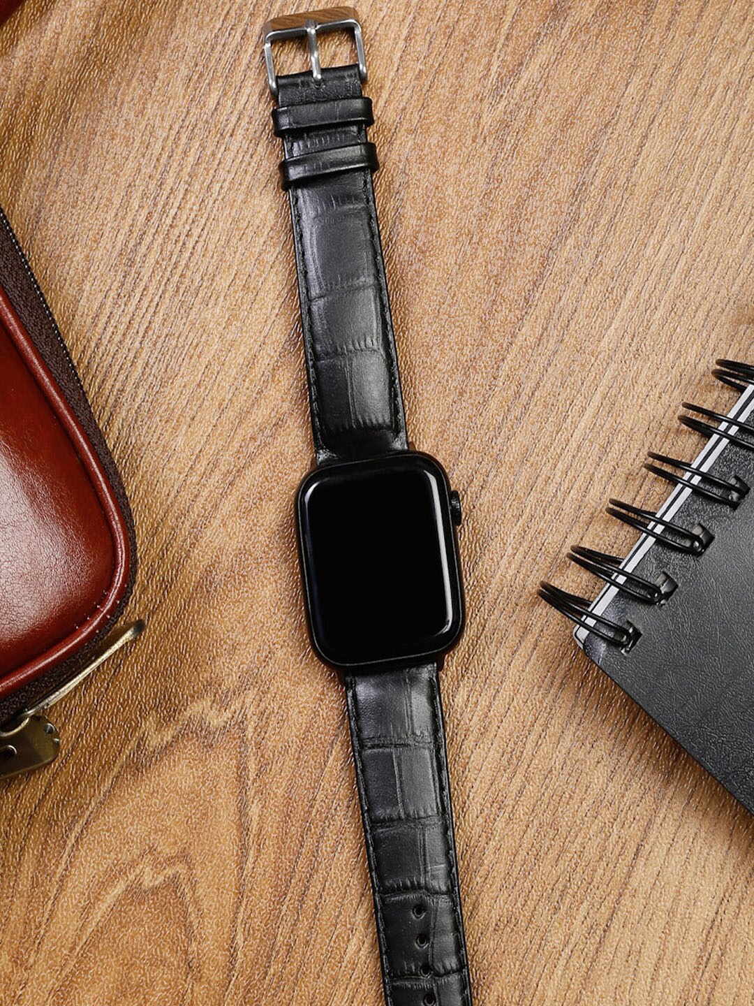 

MUTAQINOTI Black Solid Leather Smart Watch Straps