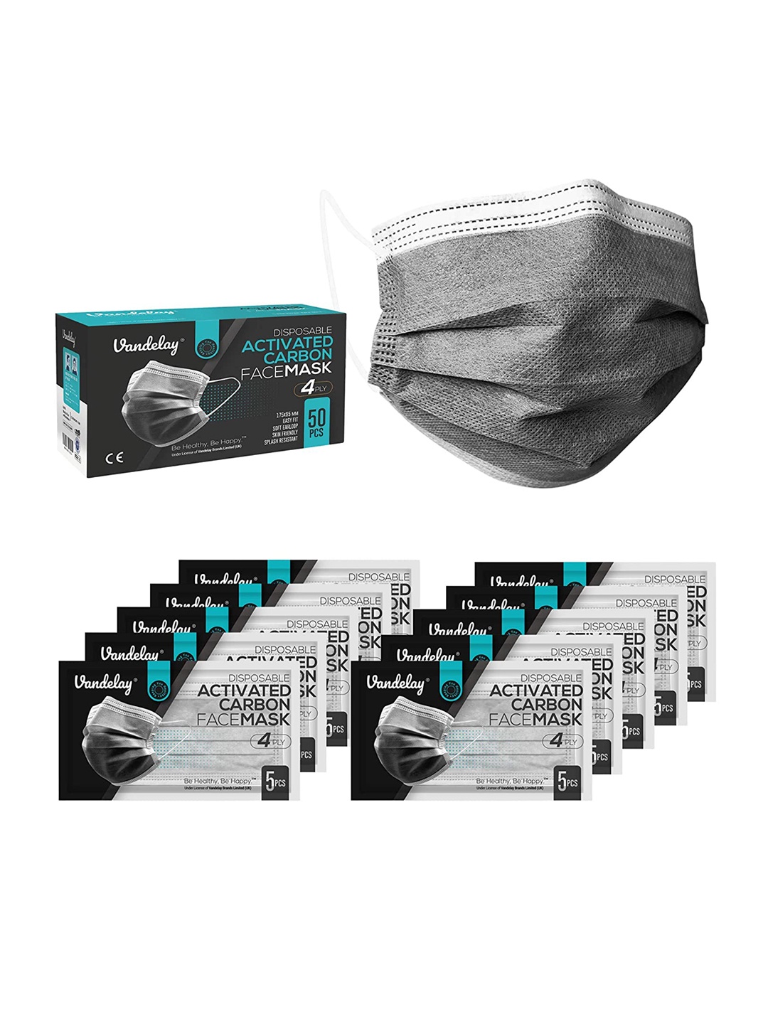 

Vandelay Grey Pack Of 50 4 Ply Activated Carbon & Melt Blown BFE & PFE UV Sterilized Face Mask