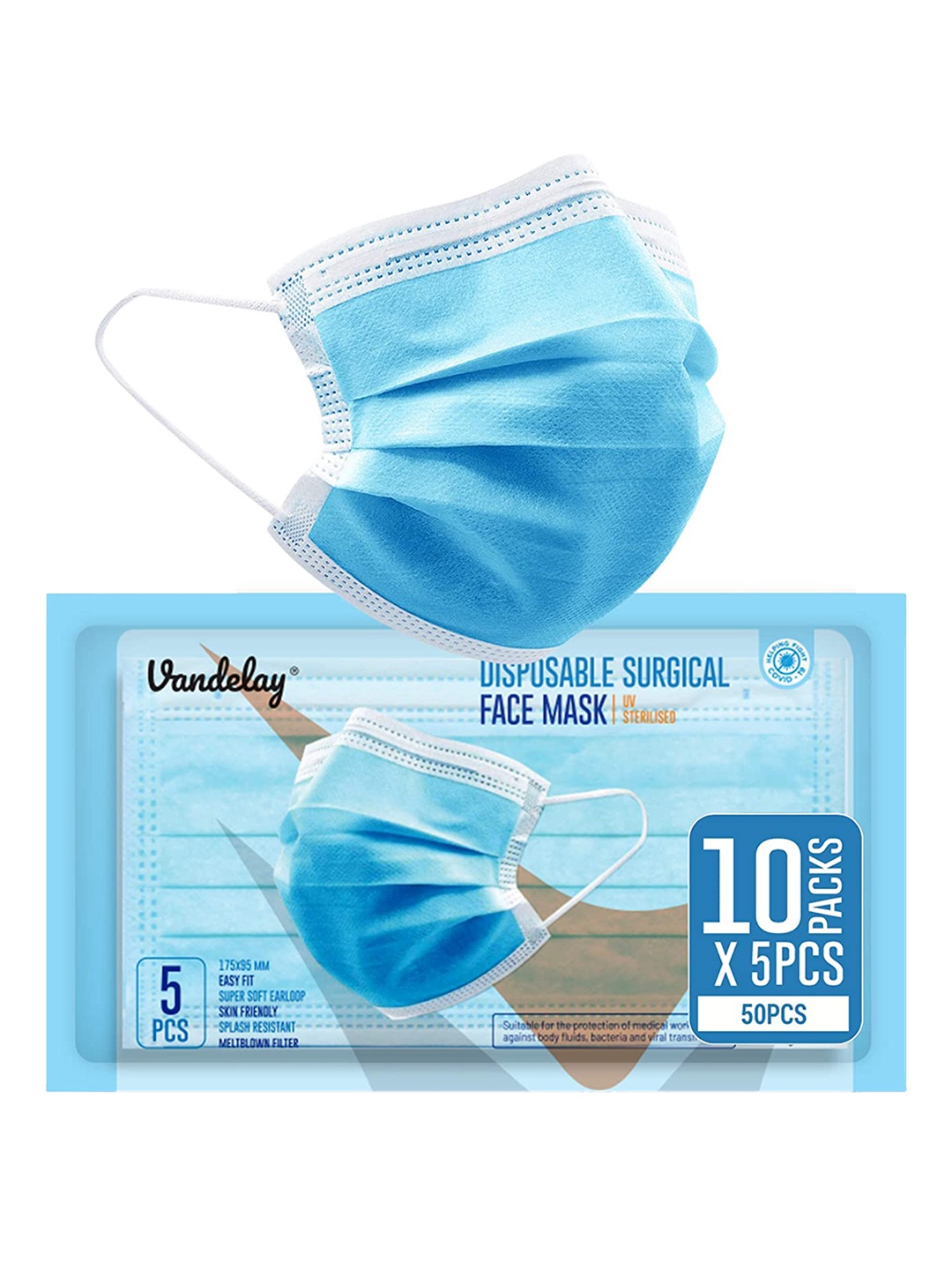 

Vandelay Pack Of 50 Blue Solid 3 Ply Non-Woven Fabric Disposable Surgical Mask