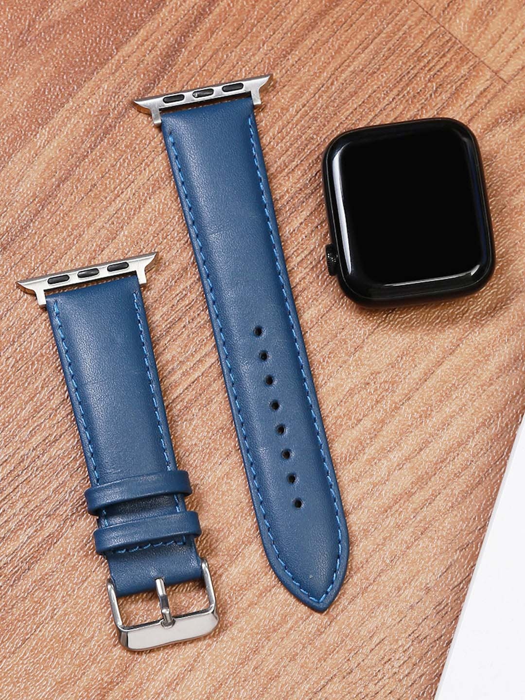 

MUTAQINOTI Blue Solid Leather Smartwatch Strap