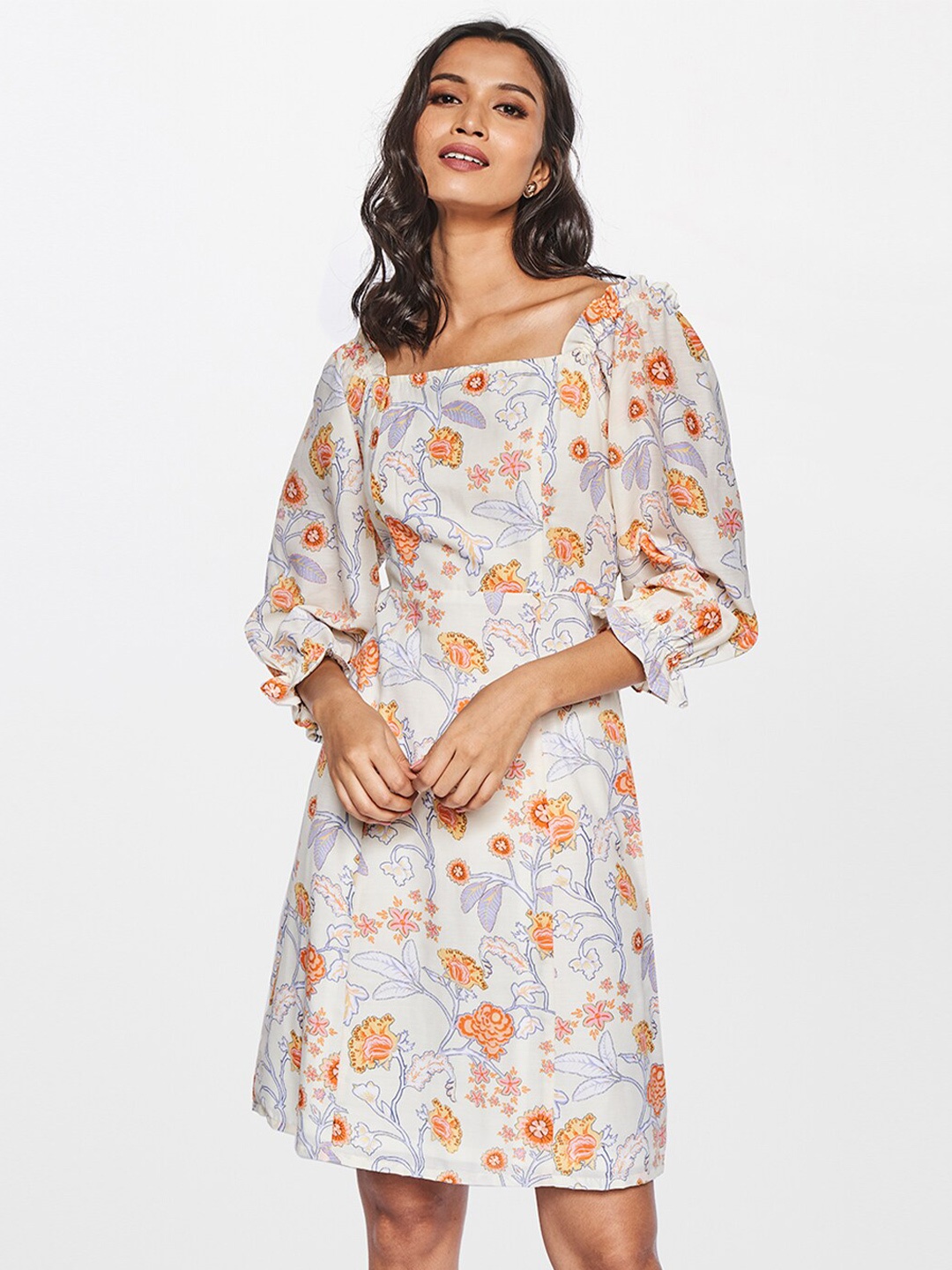 

AND Off Women White & Orange Floral Dress, Off white