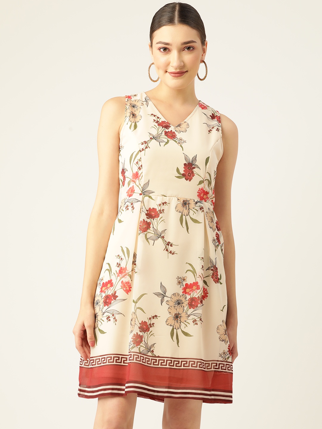 

AND Rust & Cream-Coloured Floral A-Line Dress